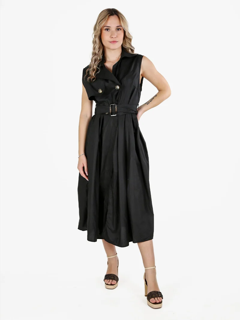 Abito da donna smanicato stile trench in misto cotone - nero