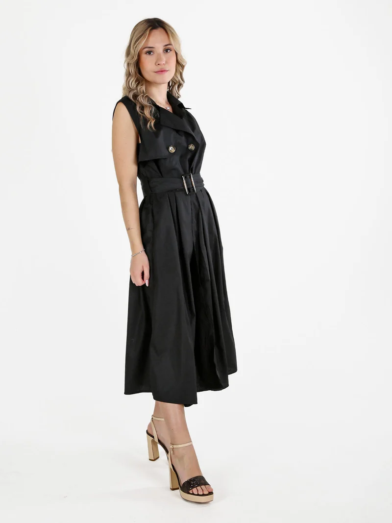 Abito da donna smanicato stile trench in misto cotone - nero