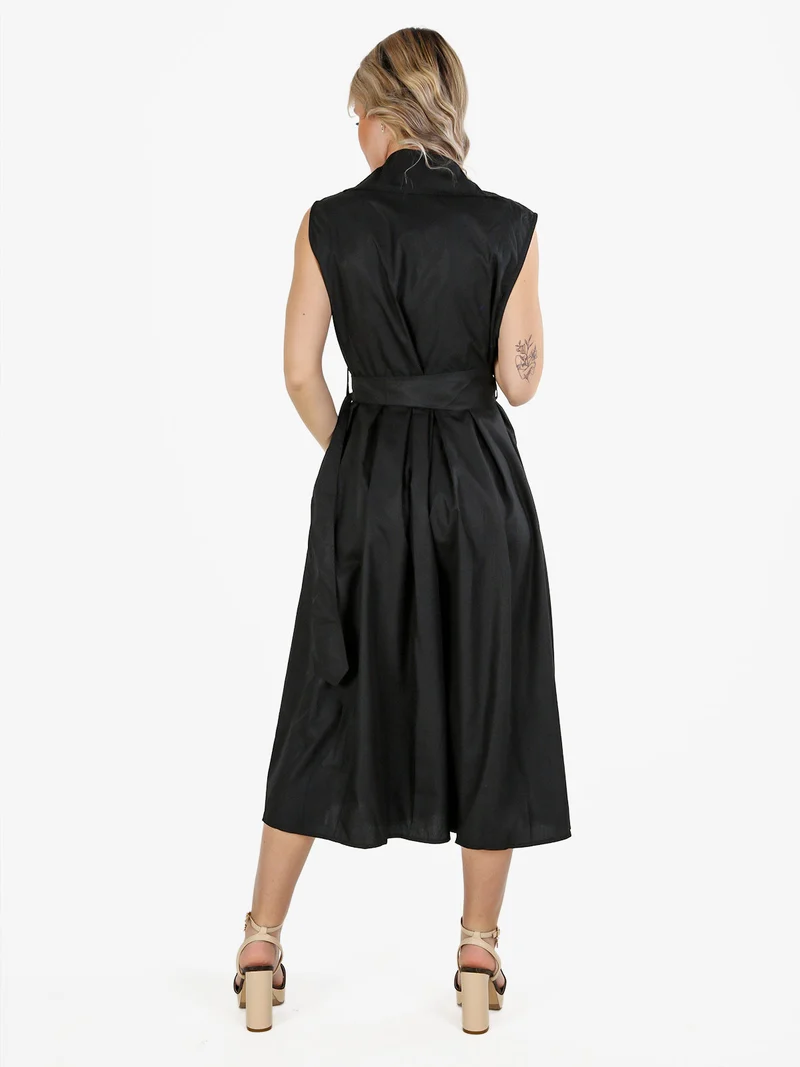 Abito da donna smanicato stile trench in misto cotone - nero