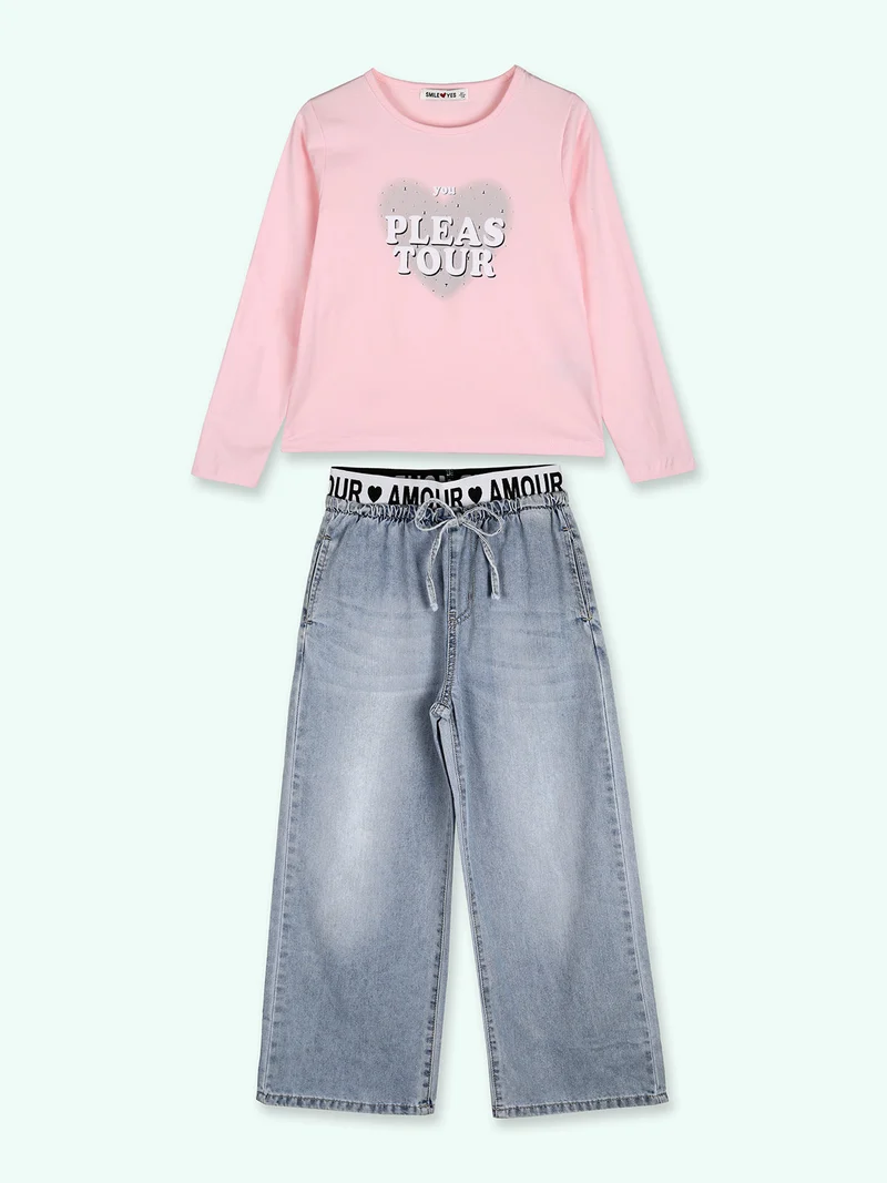 Completo 2 pezzi da bambina con t-shirt e jeans a gamba larga - rosa