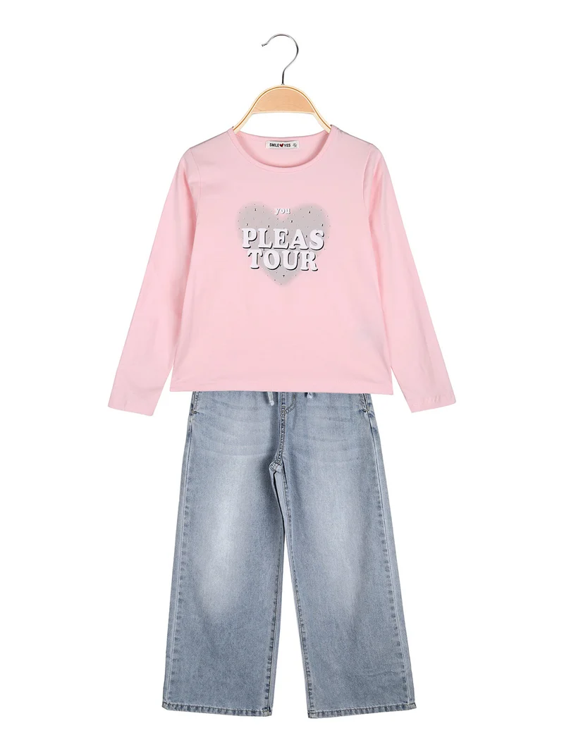Completo 2 pezzi da bambina con t-shirt e jeans a gamba larga - rosa