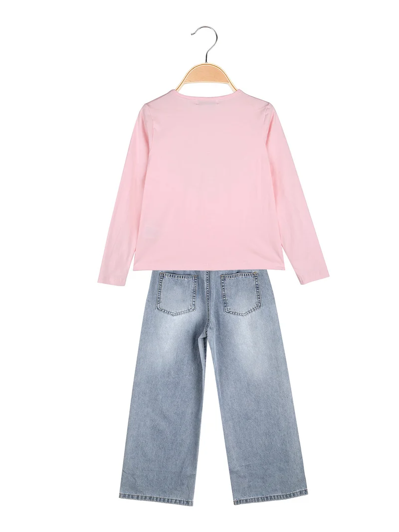 Completo 2 pezzi da bambina con t-shirt e jeans a gamba larga - rosa