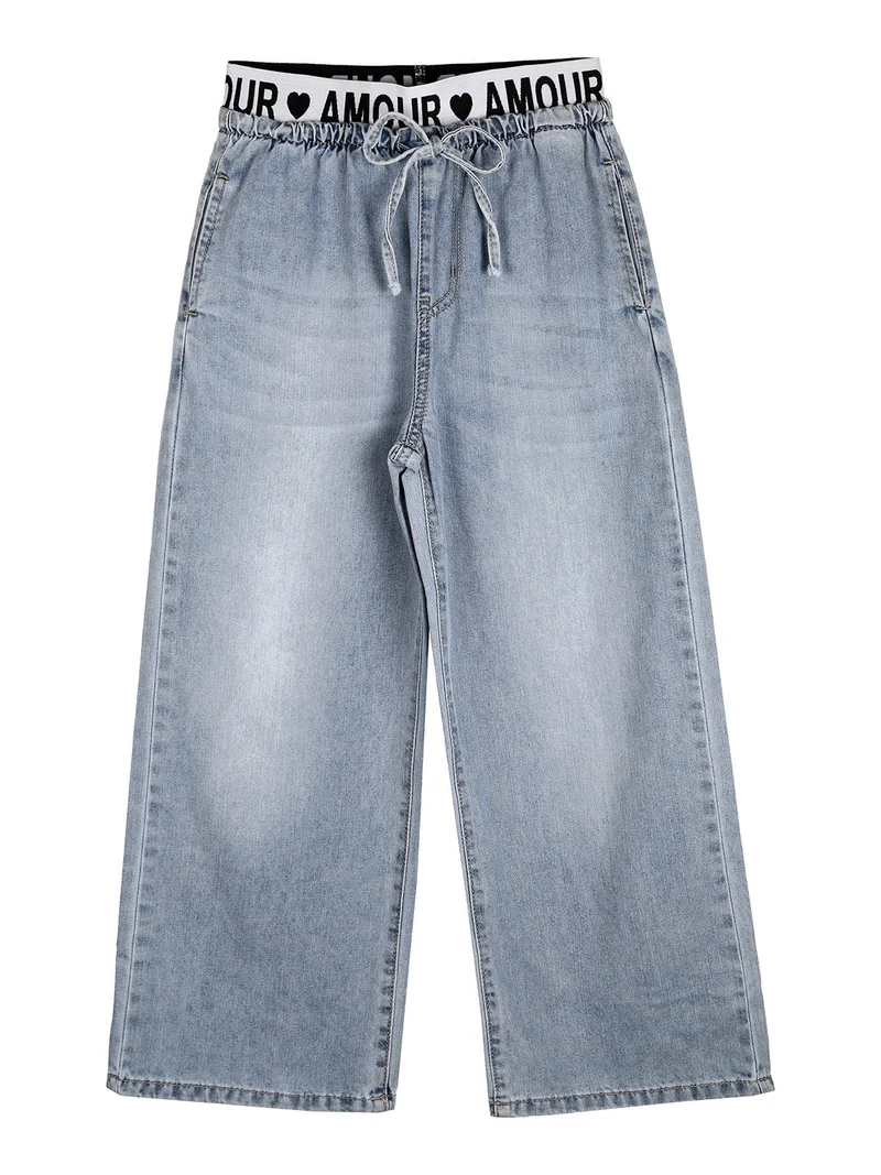 Completo 2 pezzi da bambina con t-shirt e jeans a gamba larga - rosa