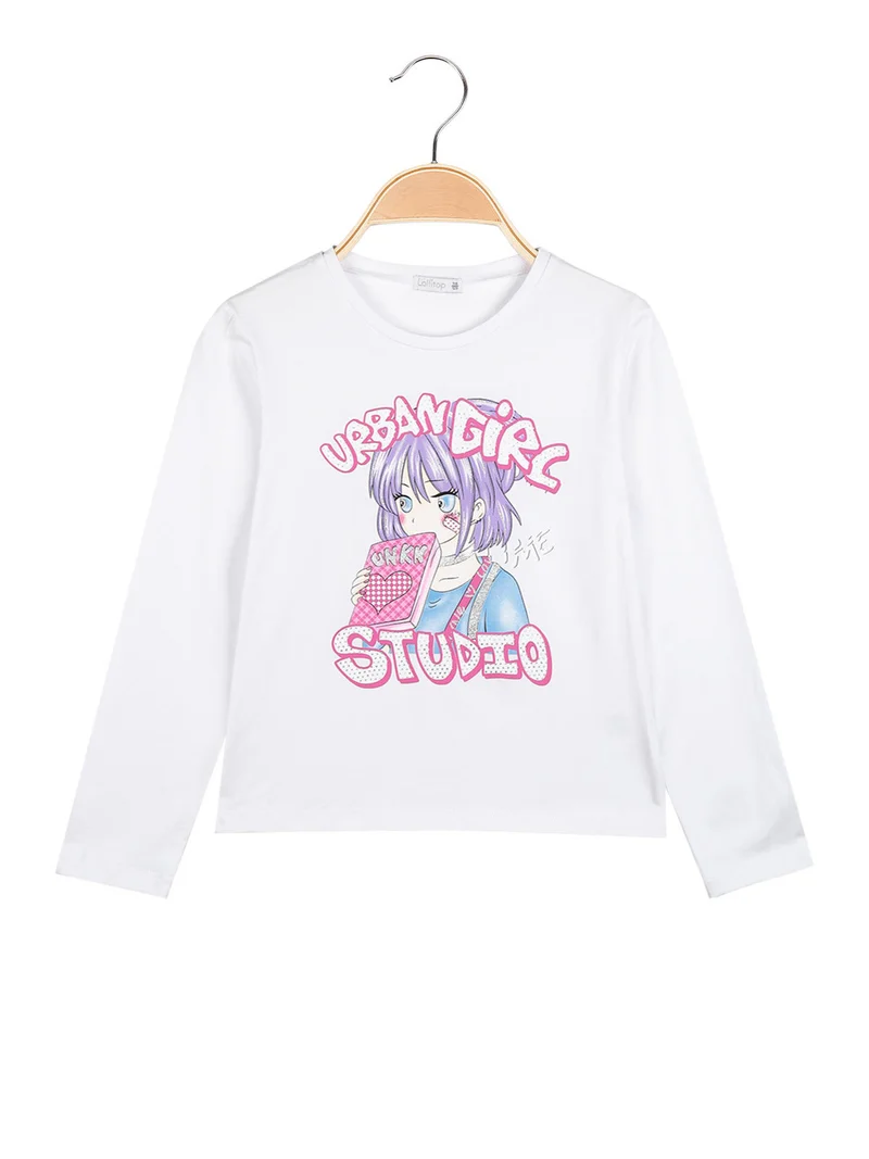 T-shirt manica lunga da bambina con stampe - bianco