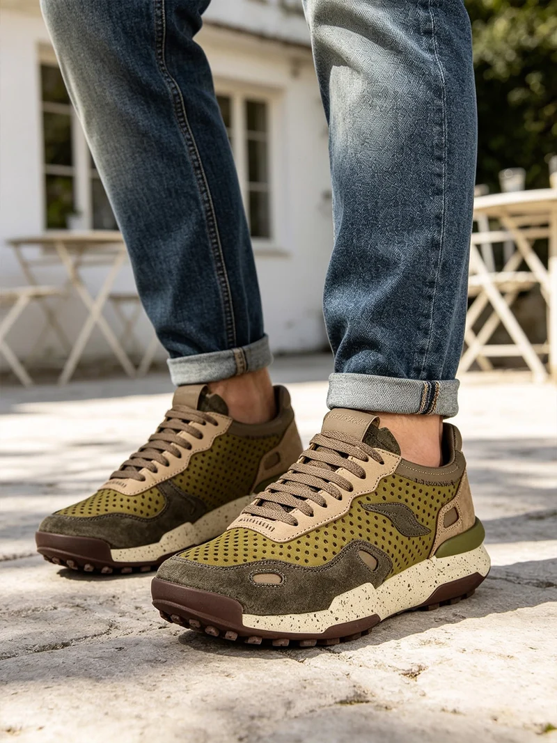 Sneakers da uomo in pelle traforata - verde