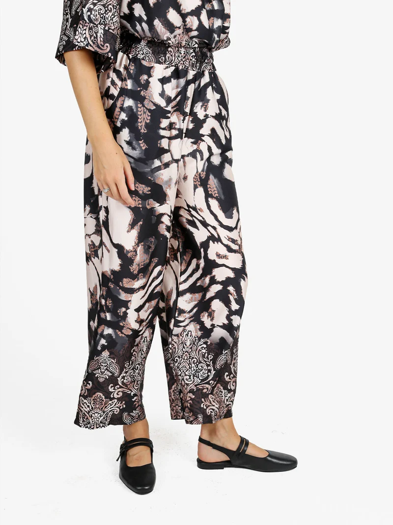 Pantaloni donna effetto raso con stampe - nero
