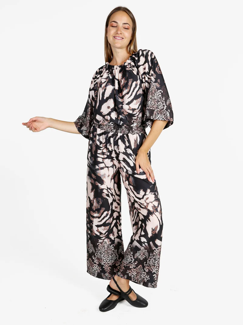 Pantaloni donna effetto raso con stampe - nero