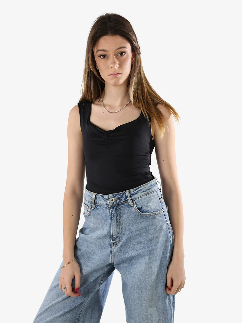 Top body donna smanicato con scollo V arricciato - nero