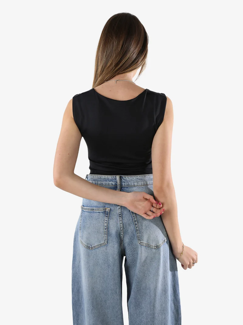 Top body donna smanicato con scollo V arricciato - nero