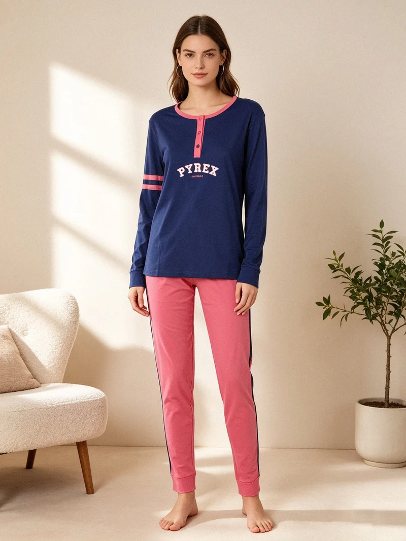 Pigiama lungo da donna in cotone con logo - blu