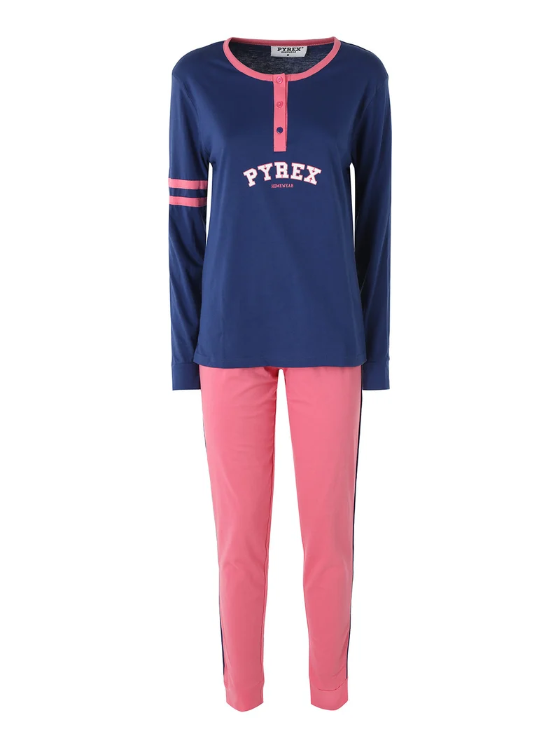 Pigiama lungo da donna in cotone con logo - blu