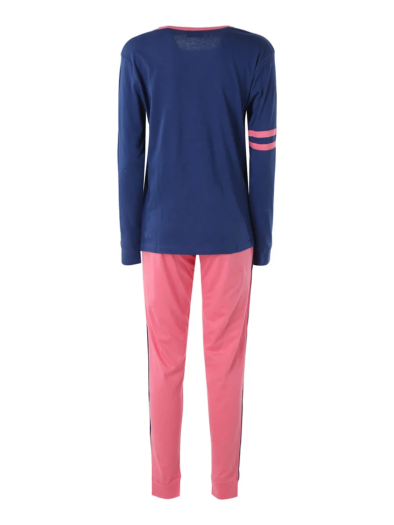Pigiama lungo da donna in cotone con logo - blu