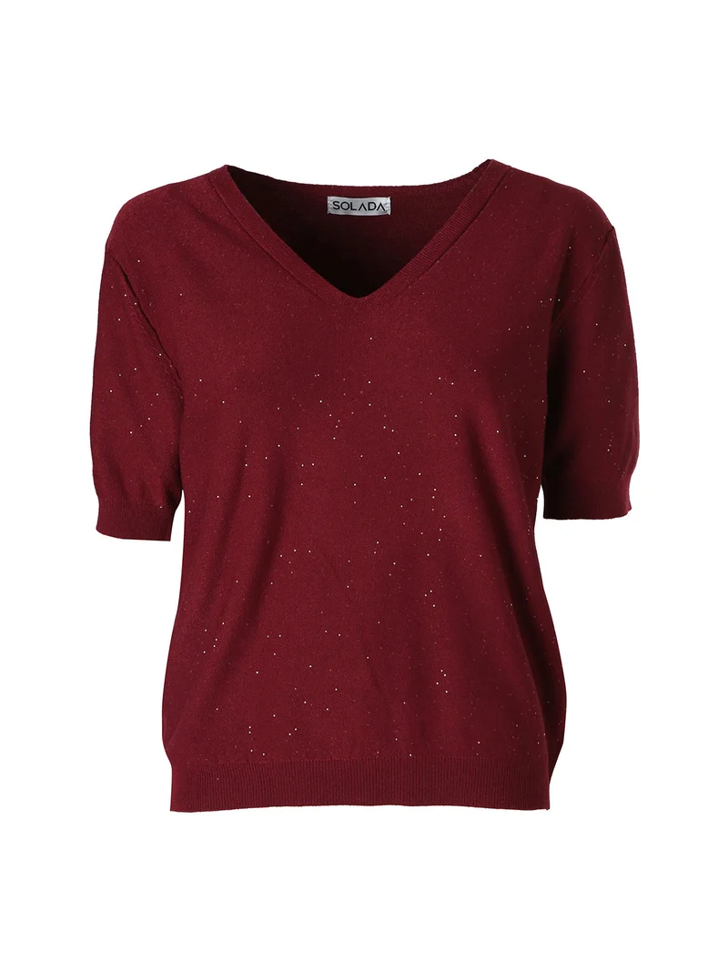 Maglia donna a maniche corte con scollo a V e mini paillettes - bordeaux