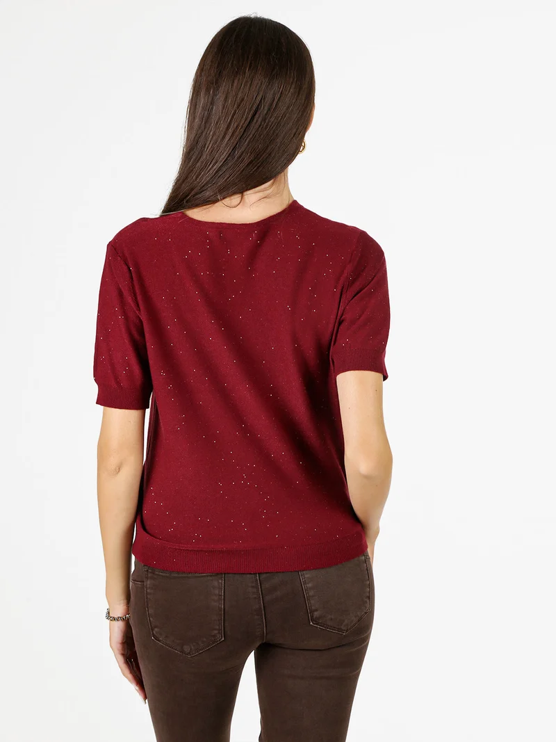 Maglia donna a maniche corte con scollo a V e mini paillettes - bordeaux