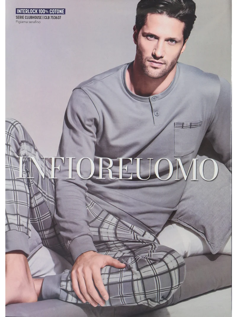Pigiama lungo da uomo in cotone con taschino e pantaloni a quadri - grigio
