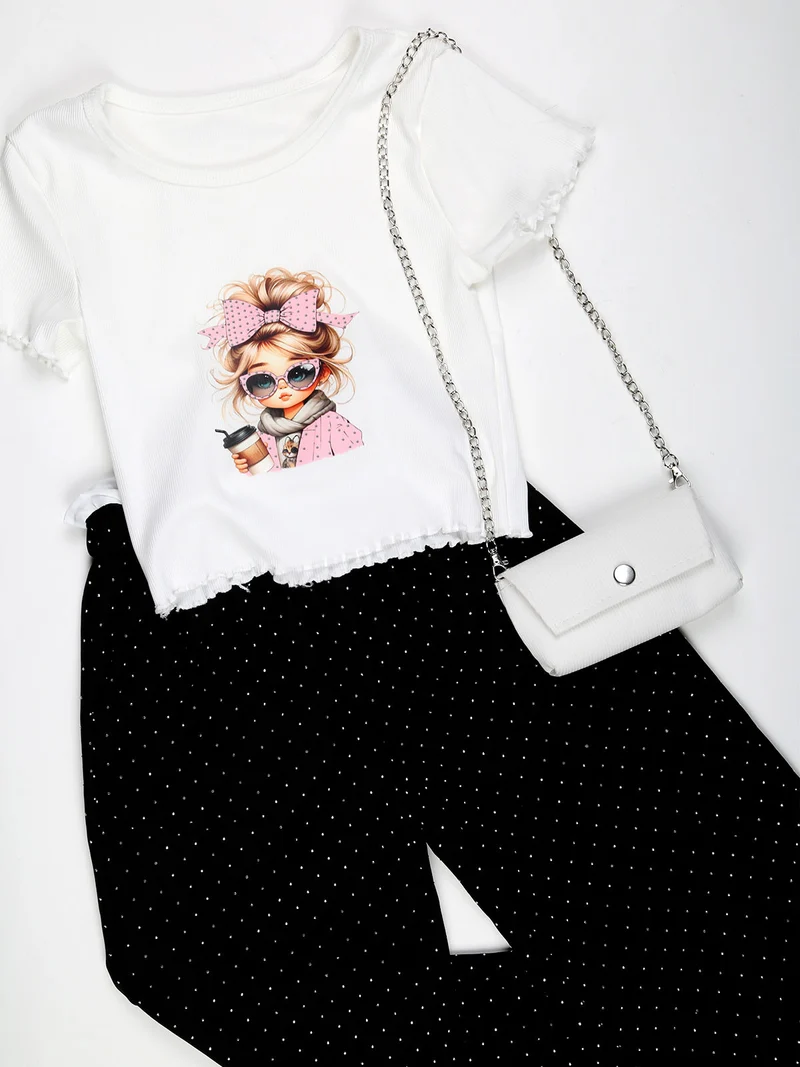 T-shirt da bambina a costine con borsetta - bianco