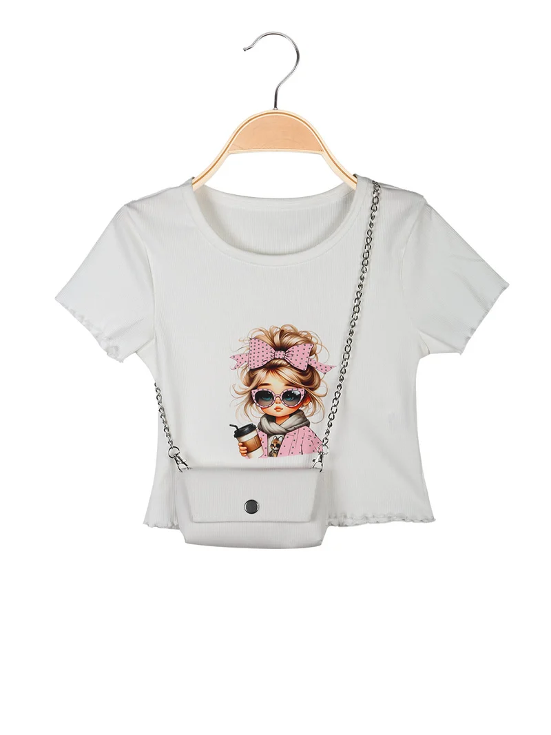T-shirt da bambina a costine con borsetta - bianco