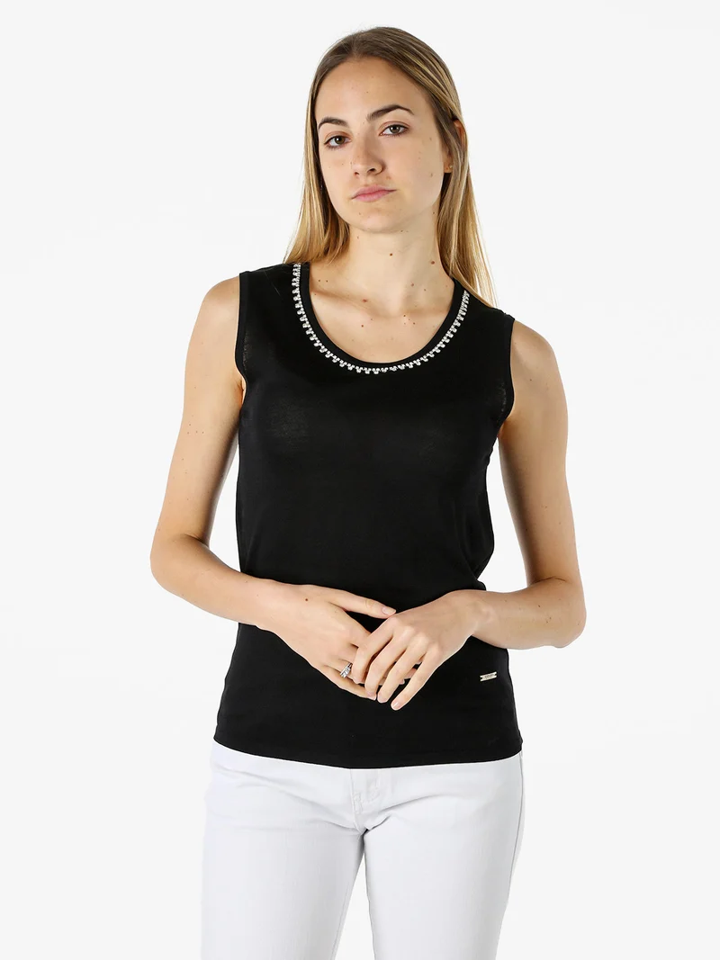 Top donna in maglia con applicazioni di strass - nero