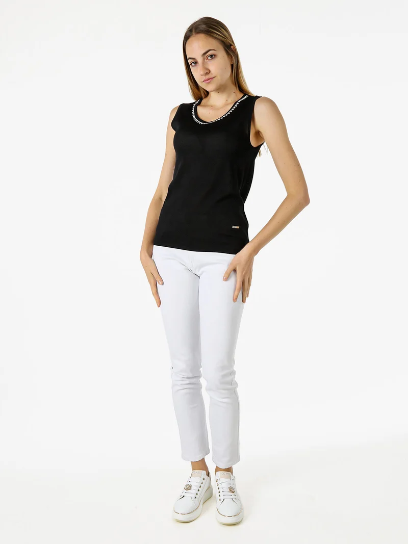 Top donna in maglia con applicazioni di strass - nero