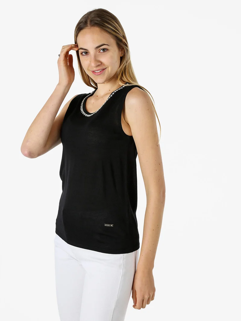 Top donna in maglia con applicazioni di strass - nero