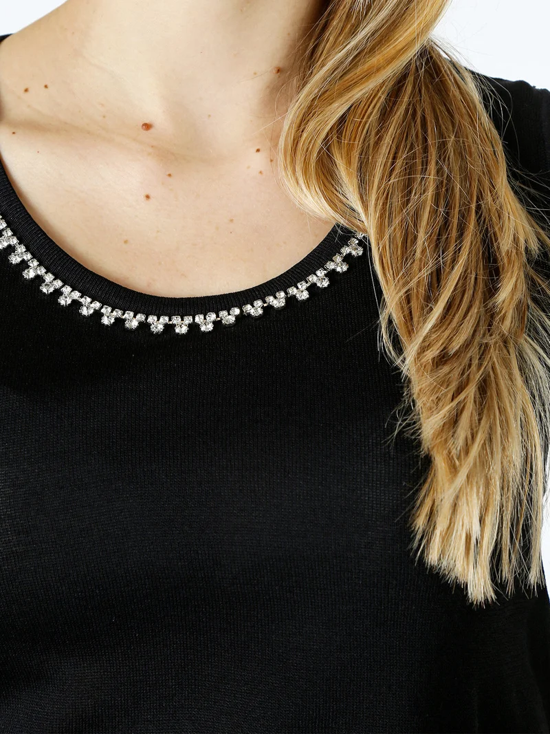 Top donna in maglia con applicazioni di strass - nero