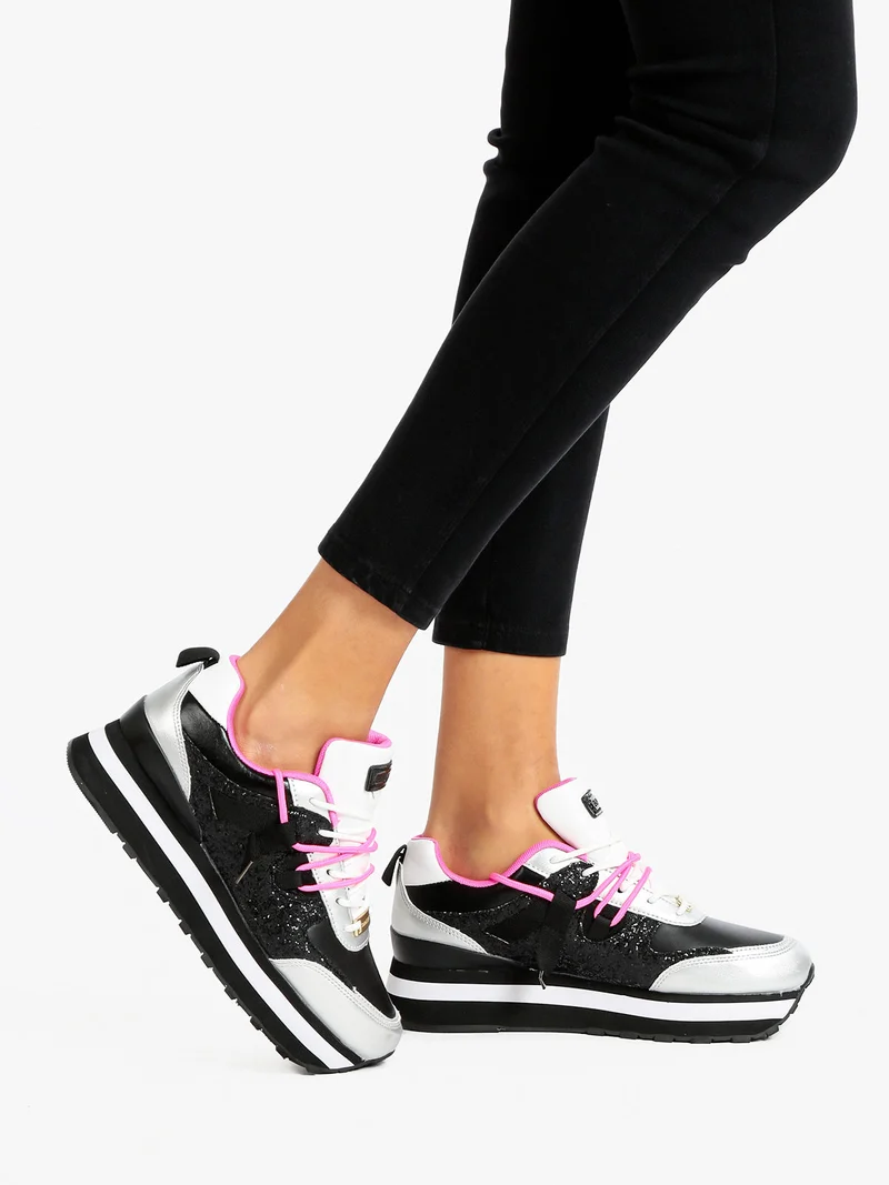 Sneakers stringate con strass da donna - argento
