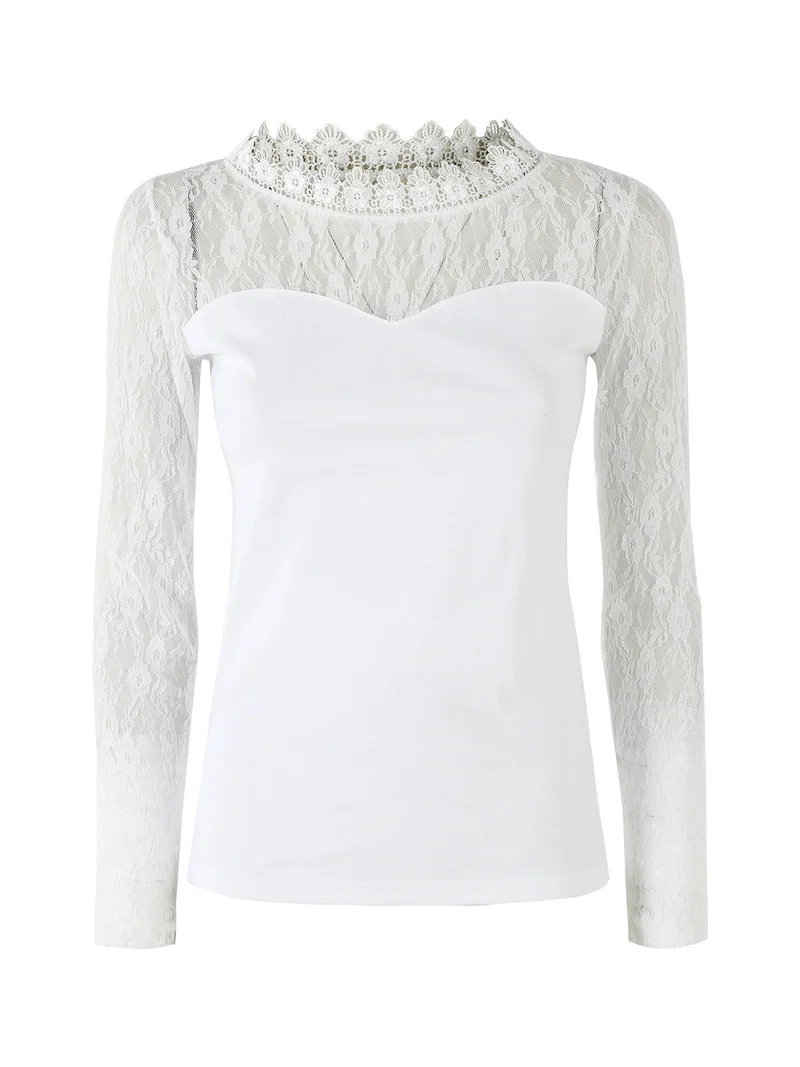 Top donna con scollo e maniche lunghe in pizzo - bianco