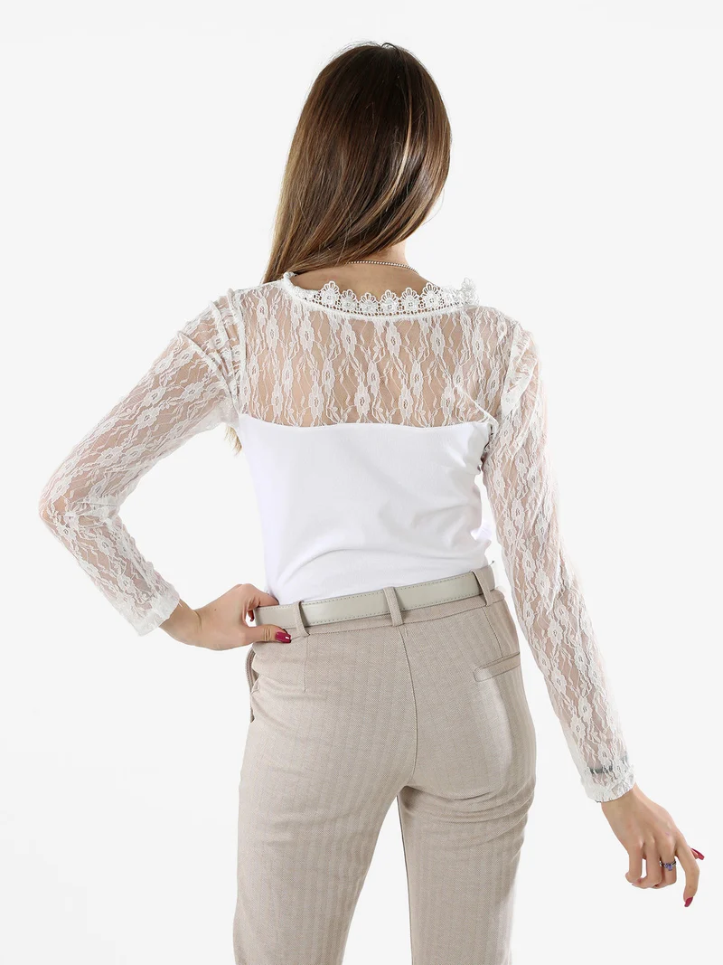 Top donna con scollo e maniche lunghe in pizzo - bianco