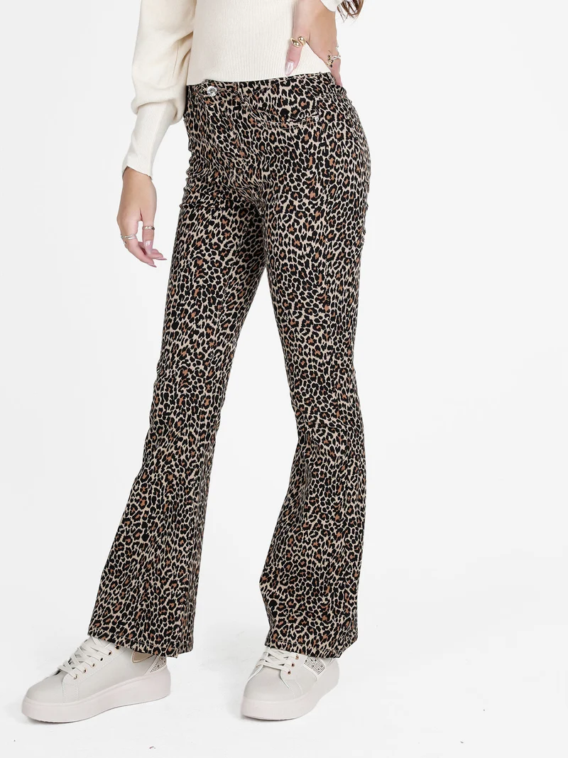 Pantaloni donna maculati slim fit a zampa - caffè