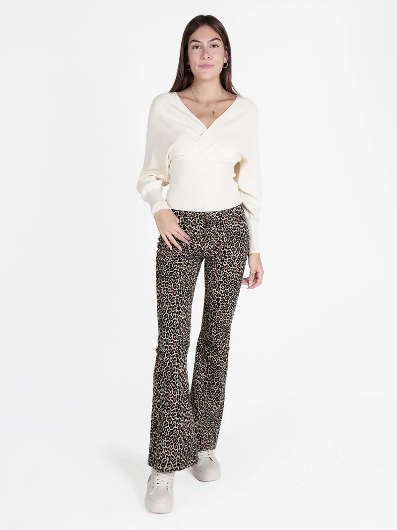 Pantaloni donna maculati slim fit a zampa - caffè