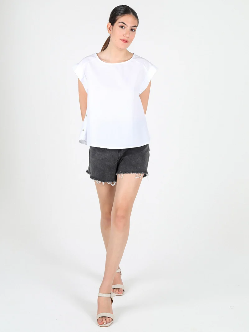 Blusa donna in cotone con bottoni laterali - bianco