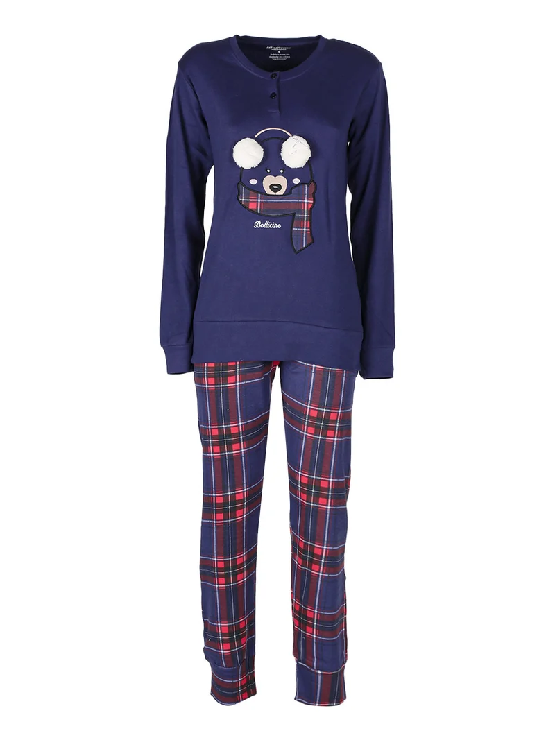 Pigiama lungo da donna in cotone con pantaloni a quadri - blu scuro