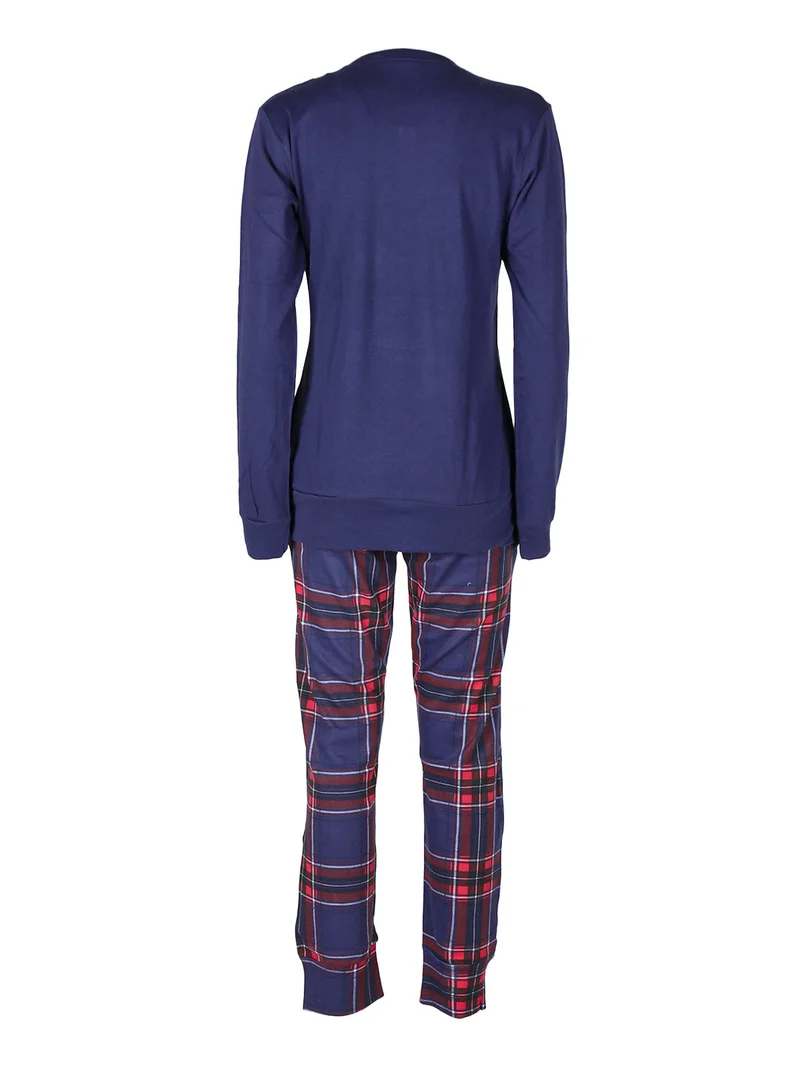 Pigiama lungo da donna in cotone con pantaloni a quadri - blu scuro
