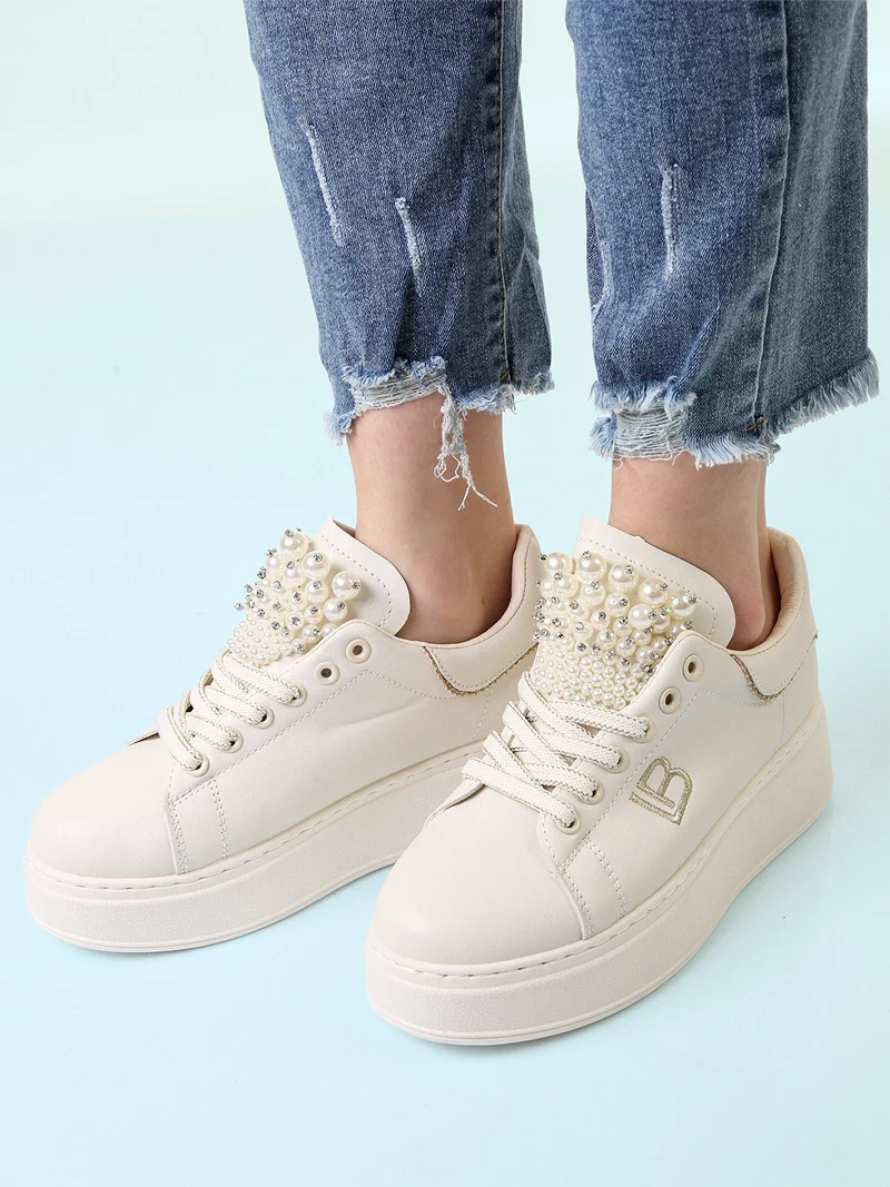 Sneakers gioiello da donna con platform - beige