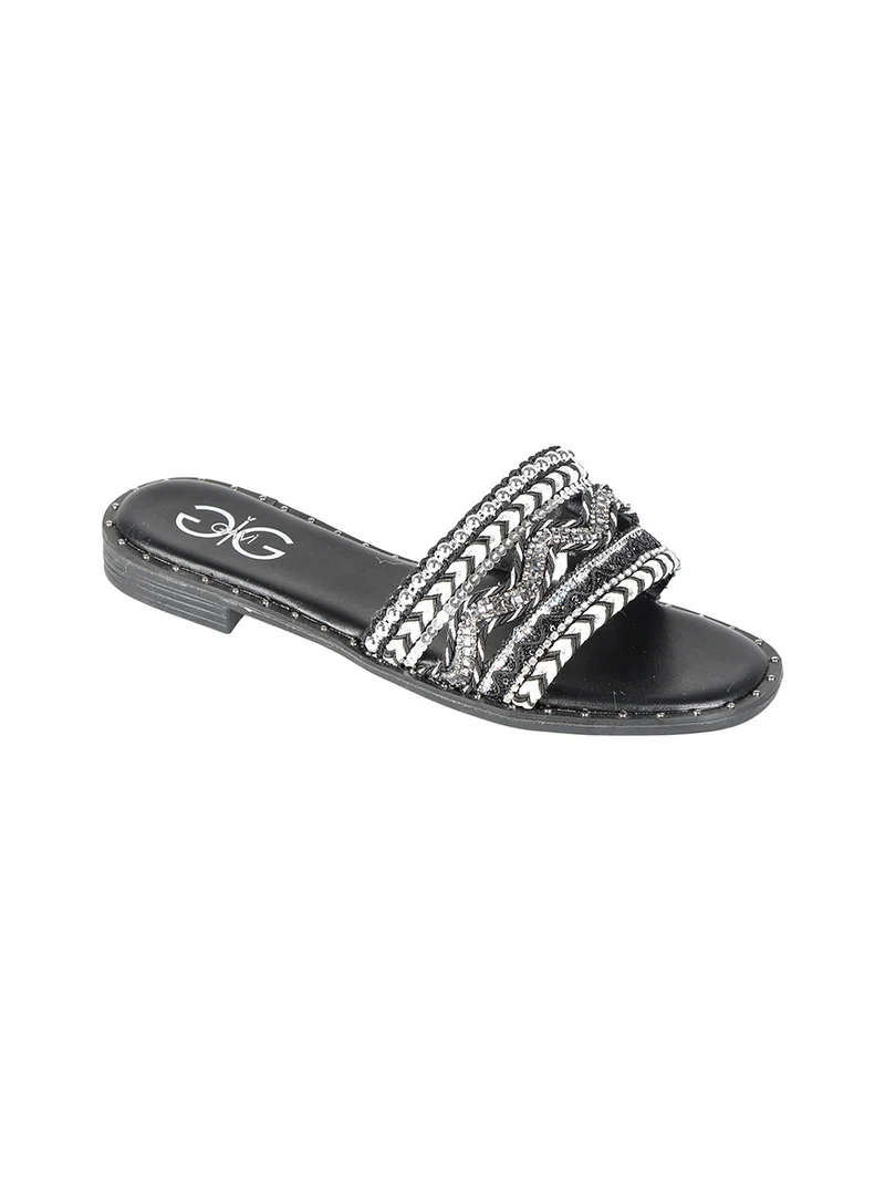 Ciabatta donna con fascia larga decorata - nero