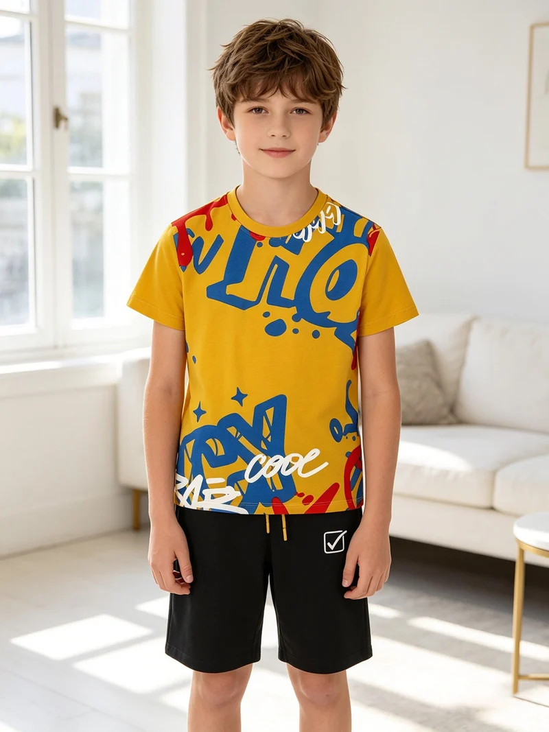 Completo corto da ragazzo in cotone con t-shirt e bermuda - giallo