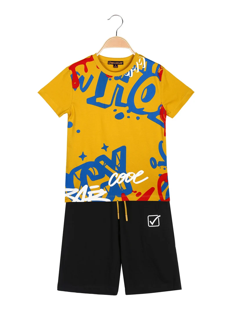 Completo corto da ragazzo in cotone con t-shirt e bermuda - giallo
