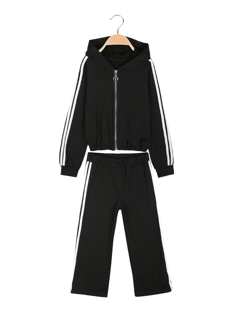 Completo tuta 2 pezzi da bambina con cappuccio e zip intera - nero