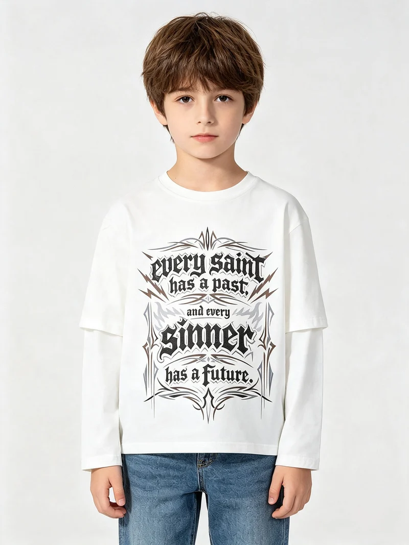 T-shirt da bambino a maniche lunghe in cotone con scritte - bianco