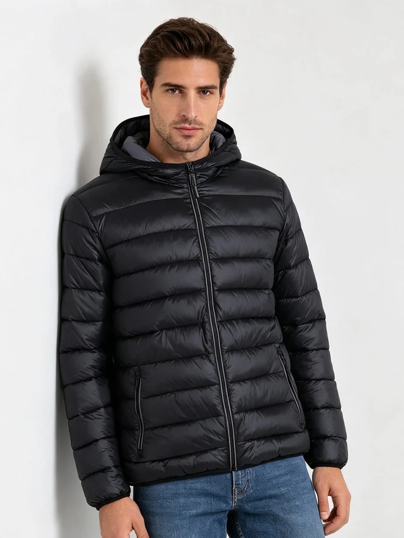 Giubbotto da uomo imbottito con cappuccio e zip - nero