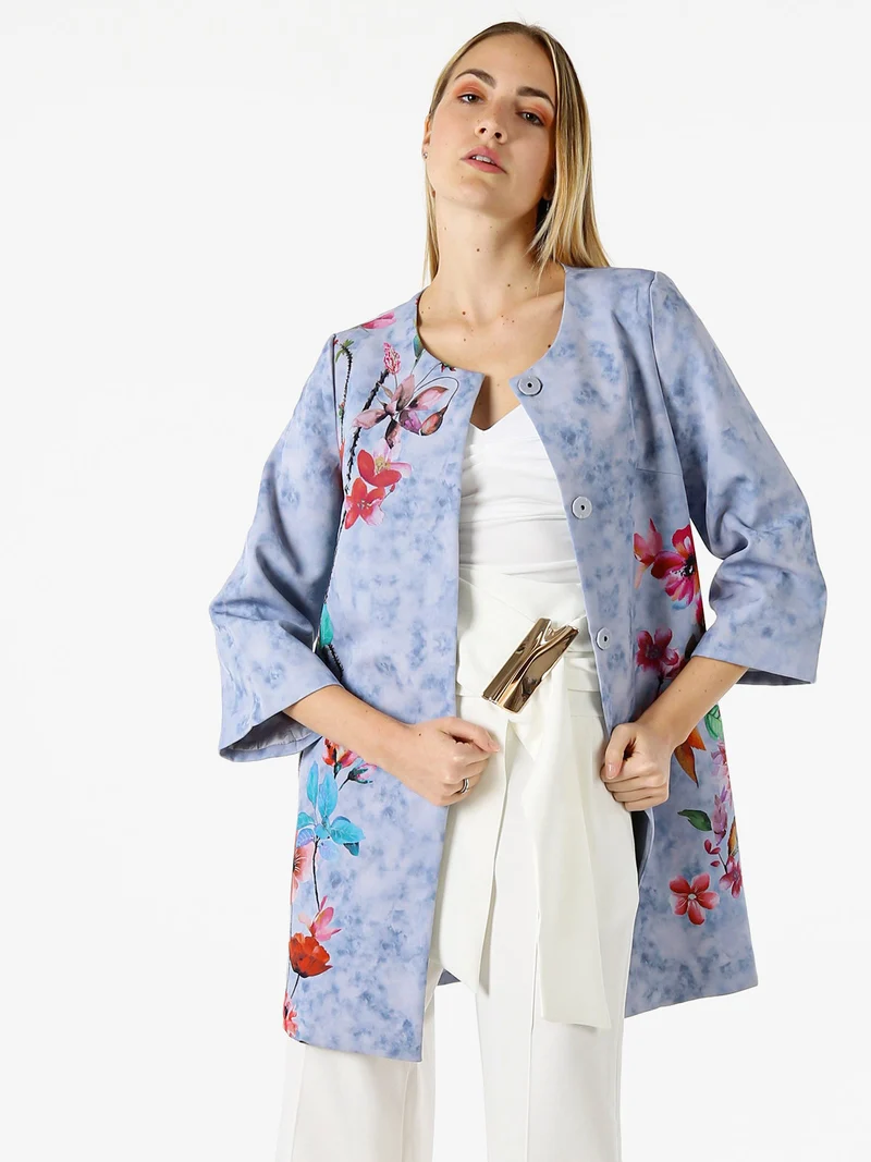 Cappotto donna con stampe floreali e maniche 3/4 a campana - blu