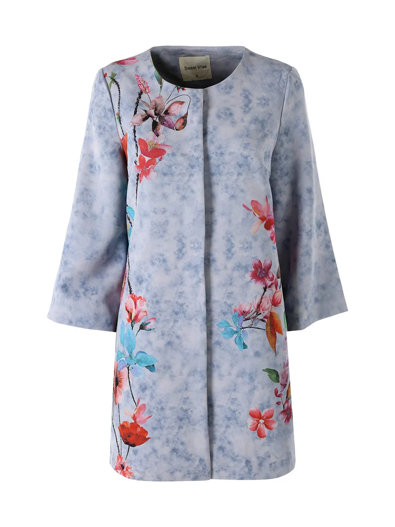 Cappotto donna con stampe floreali e maniche 3/4 a campana - blu