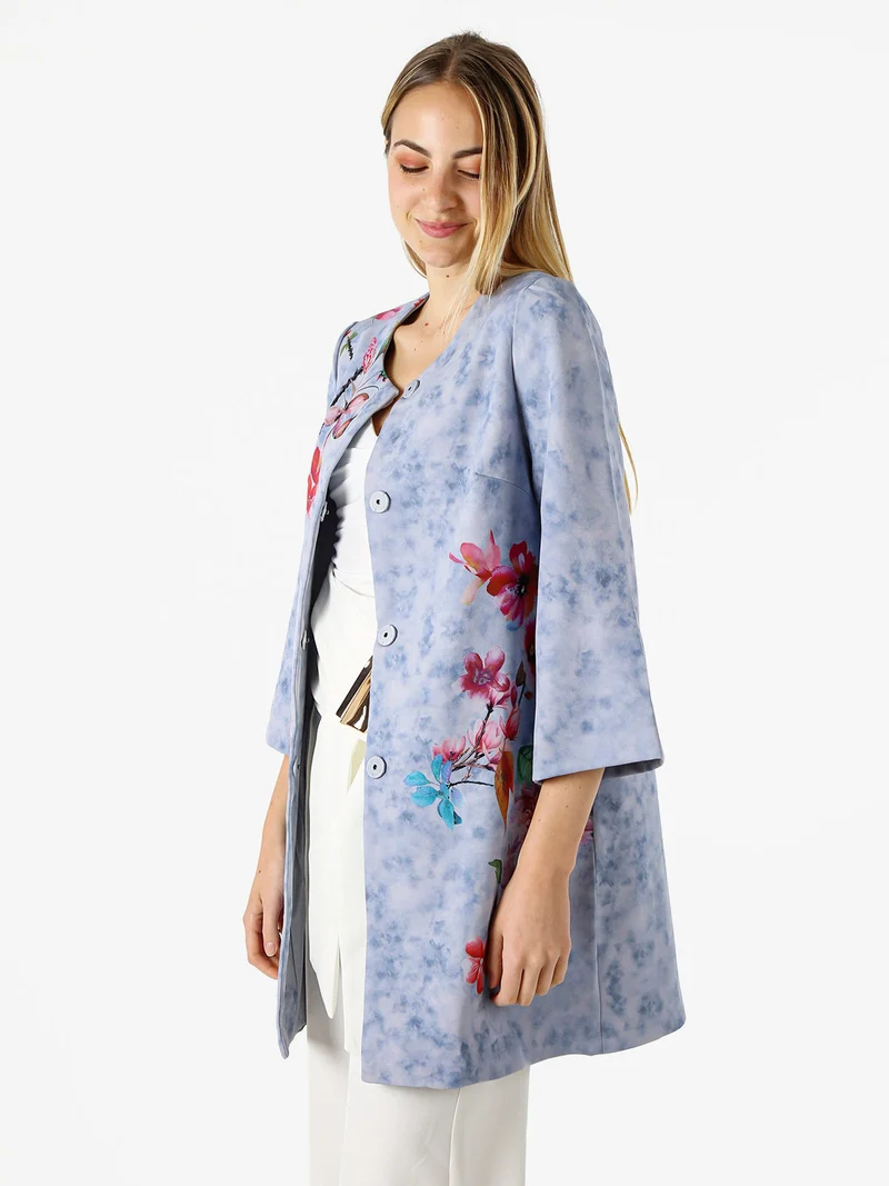 Cappotto donna con stampe floreali e maniche 3/4 a campana - blu