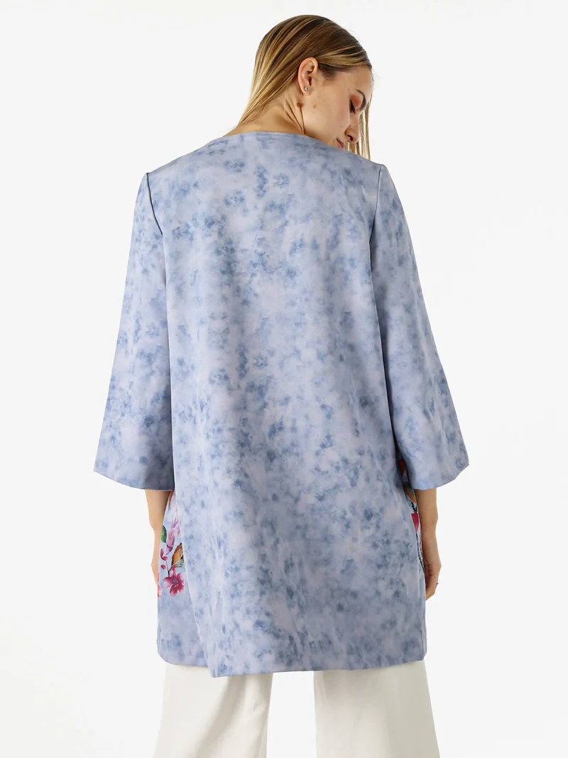 Cappotto donna con stampe floreali e maniche 3/4 a campana - blu