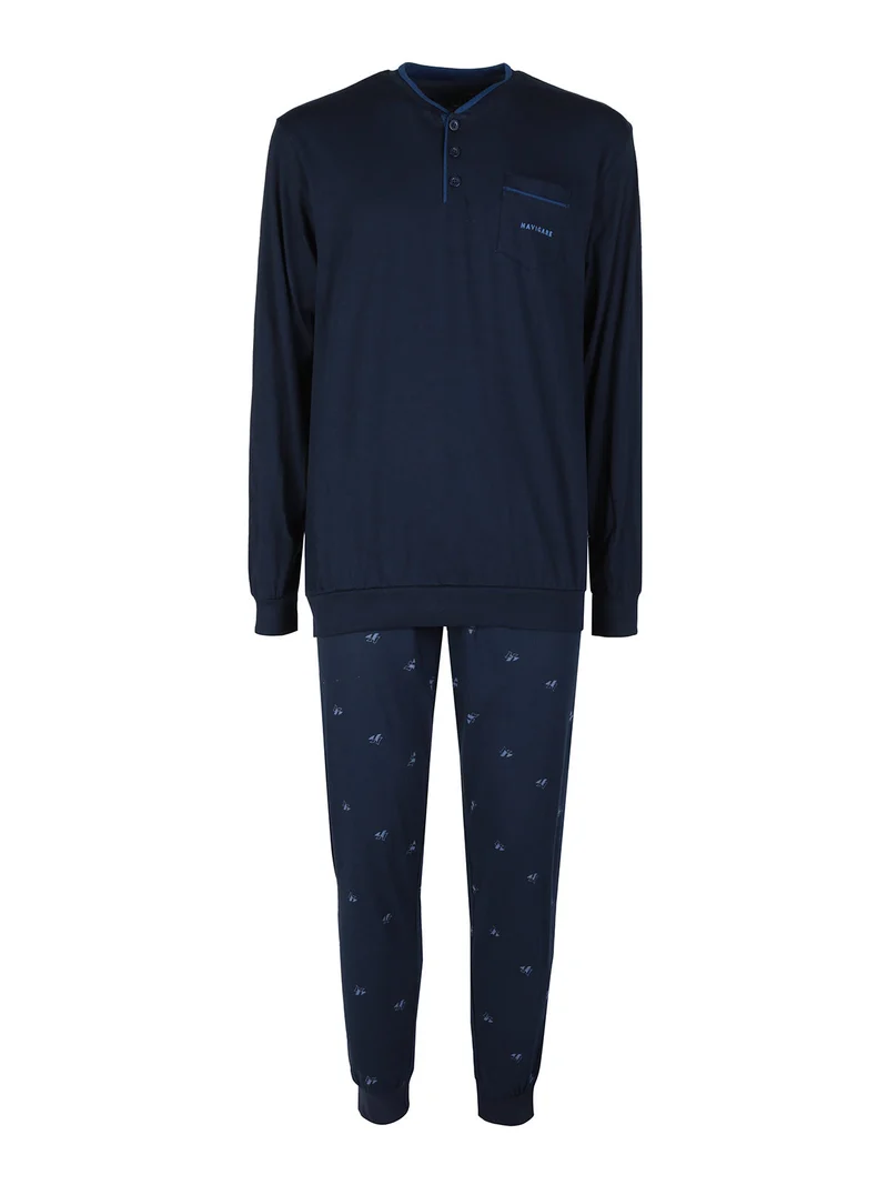 Pigiama lungo da uomo in cotone con taschino - blu scuro