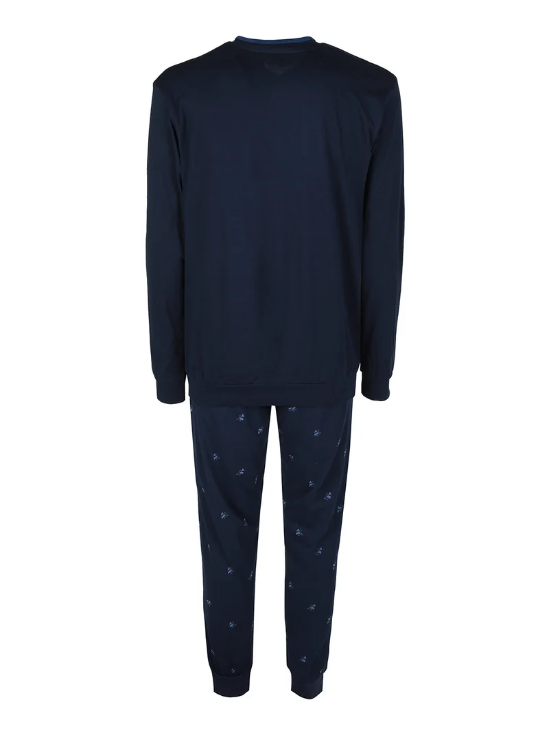 Pigiama lungo da uomo in cotone con taschino - blu scuro