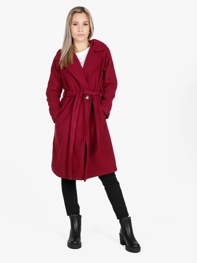 Cappotto donna con cintura e bottoni a doppiopetto - bordeaux