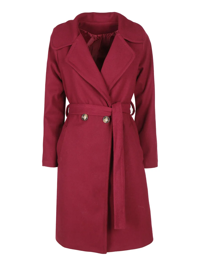 Cappotto donna con cintura e bottoni a doppiopetto - bordeaux