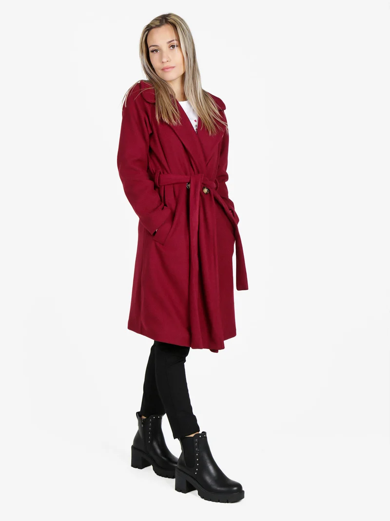 Cappotto donna con cintura e bottoni a doppiopetto - bordeaux