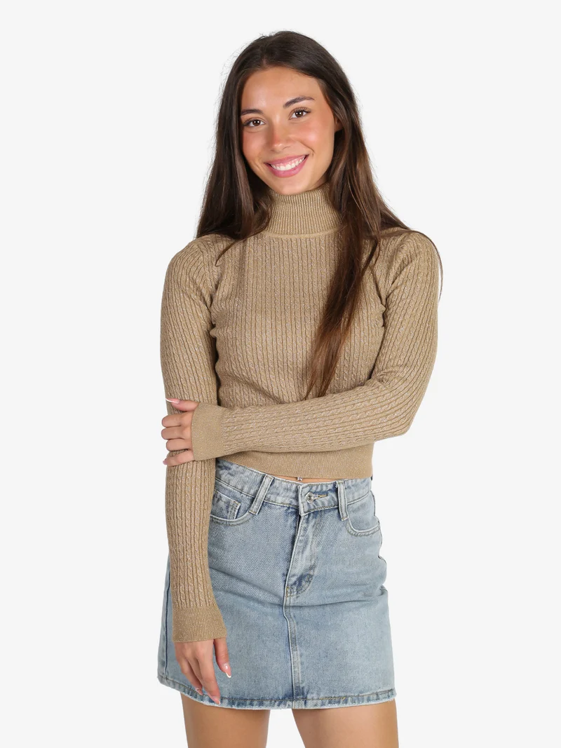 Maglia dolcevita donna a trecce con lurex - marrone
